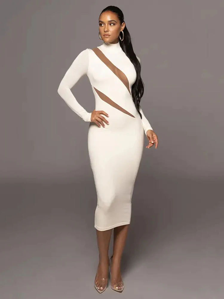 Ootddress Autumn/Winter Long Sleeve Mesh Patchwork Dress Women's Perspective Bodycon Midi Dress Female Elegant Party Evening Dress