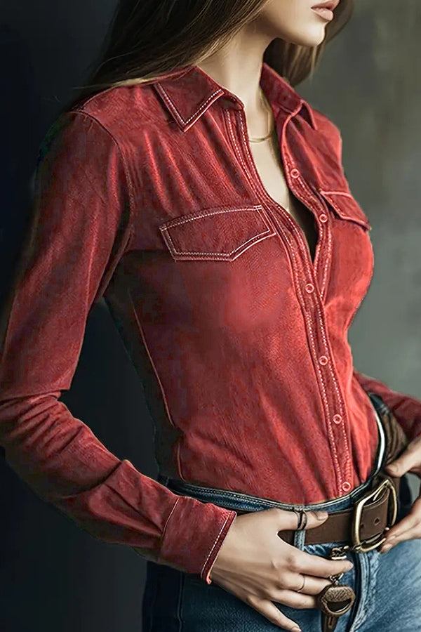 Stylish Suede Long-sleeved Button-down Casual Shirt