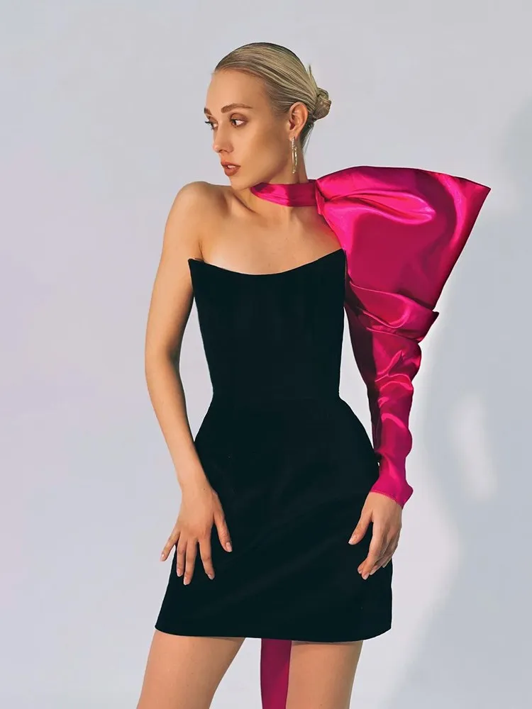 Ootddress Elegant Bandage One Shoulder Lantern Sleeve Mini Dress Party Patchwork Backless Sexy Night Bodycon Clubwear Dress 2025