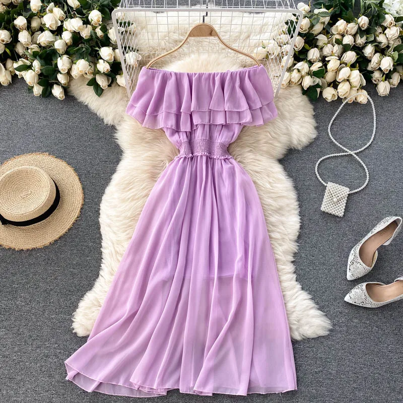 Women Chiffon Beach Dress Sexy Double Layer Ruffled Off The Shoulder Boho Dresses Ladies Sweet Slash Neck Long Dress 9 Women Chiffon Beach Dress Sexy Double Layer Ruffled Off The Shoulder Boho Dresses Ladies Sweet Slash Neck Long Dress