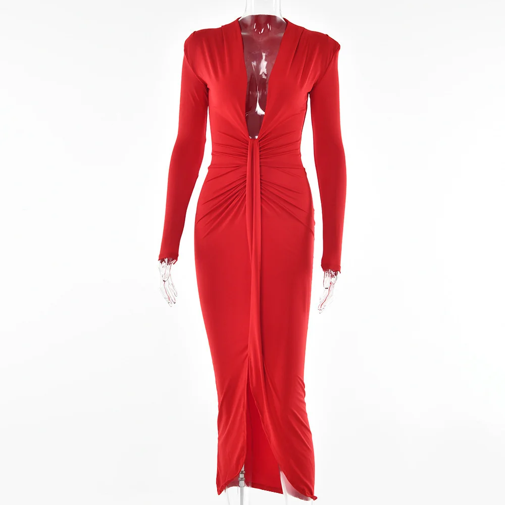 Ootddress Elegant Deep V Neck Full Sleeve Long Dress For Women Robe Fashion Autumn New Irregular Ruched Bodycon Midi Dress
