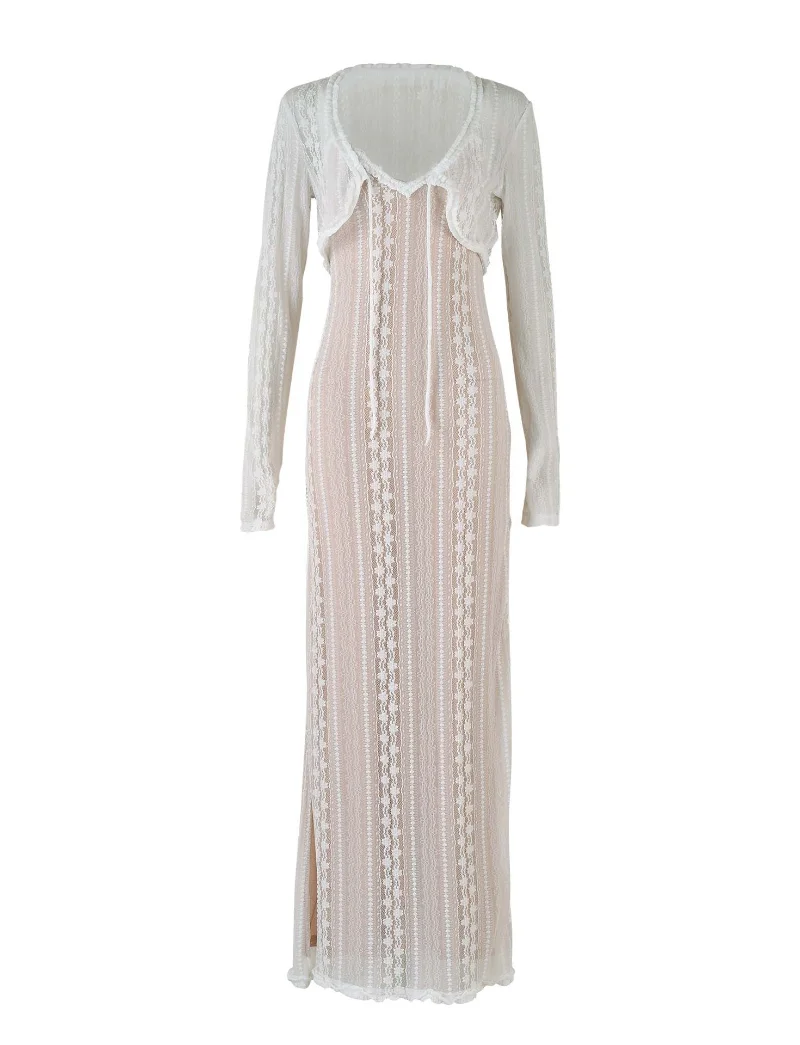 Ootddress Lace Dress Sets Women Bodycon Long Sleeve Cover-up Ladies Split V Neck Slim High Waist Dresses For Woman Summer Casual