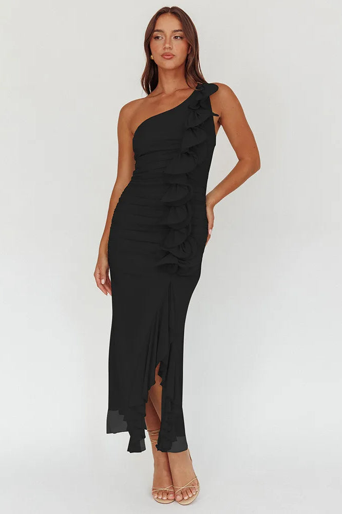 One Shoulder Ruched Vertical Ruffle Front High Split Midi Dress