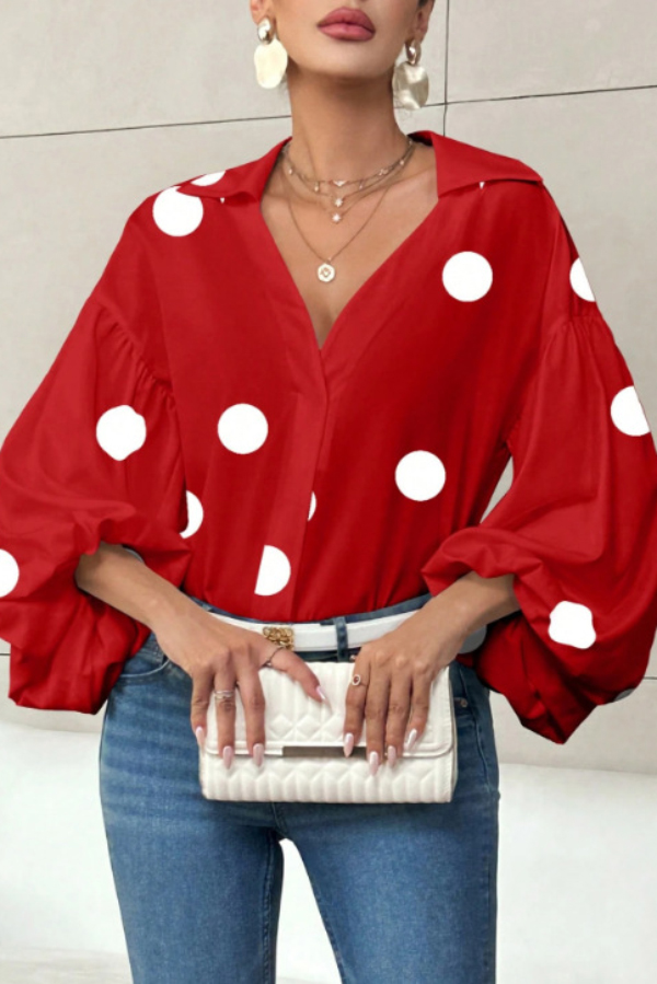 Stylish Polka Dot Print Collared Puff Sleeve Loose Shirt