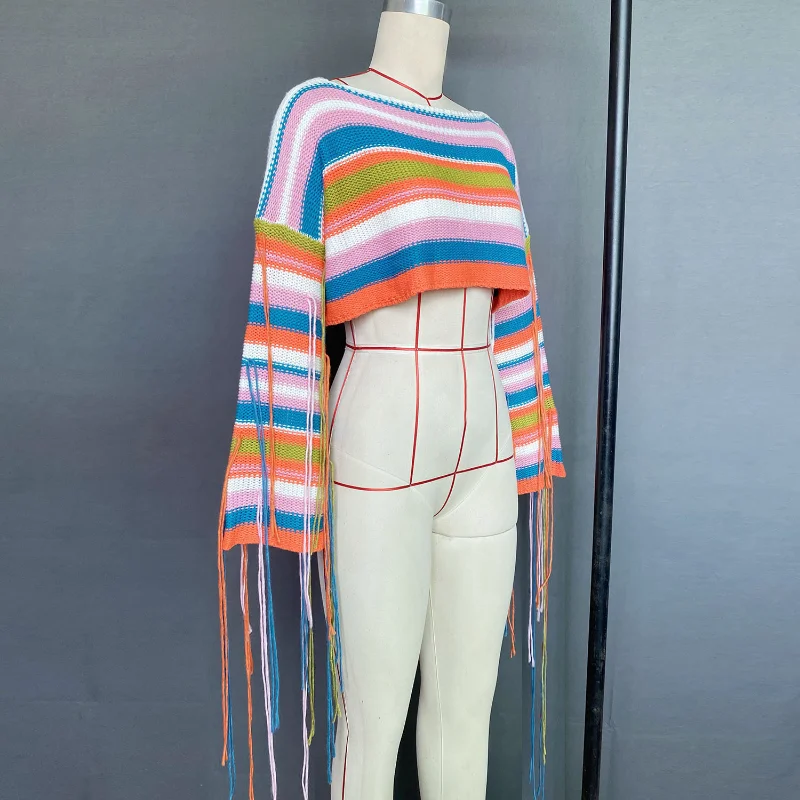 Ootddress Tassel Contrast Holiday Sweater Pullovers For Women Loose Flared Sleeve Beach Boho Knit Female Cover up Pullover Crop top 8 Ootddress Tassel Contrast Holiday Sweater Pullovers For Women Loose Flared Sleeve Beach Boho Knit Female Cover up Pullover Crop top