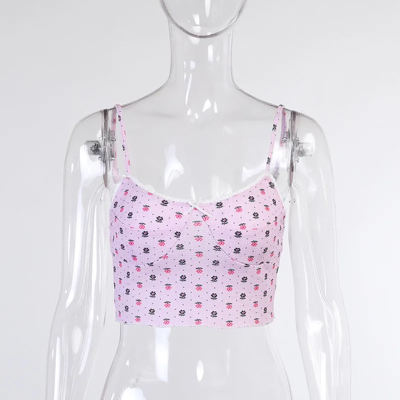 Ootddress Sexy Lace Strawberry Printed Y2K Camisole Women Tank Tops Summer Mini Backless Crop Top Fashion High Streetwear E-Girl
