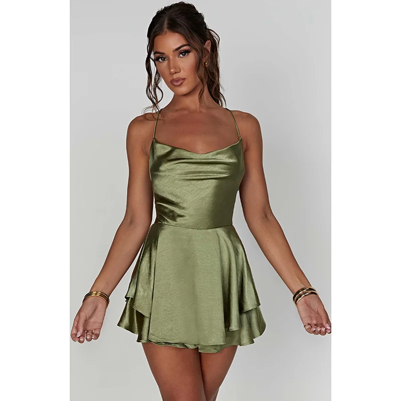 Ootddress Satin Spaghetti Strap Mini Dress For Women Robe New Sleeveless Backless Lace-up Short Dress Female Sexy Party Vestidos