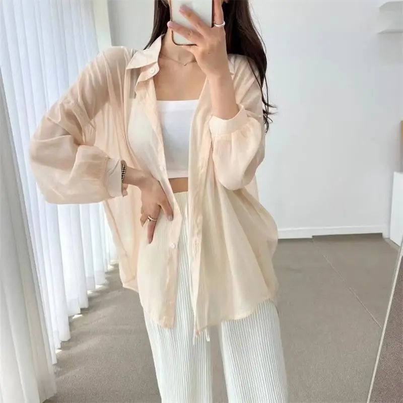 Perspective Shirts Women Sheer Thin Chic Summer Simple Solid Sun-proof Top Fashion Blouse Baggy All-match Basic Korean Clothing