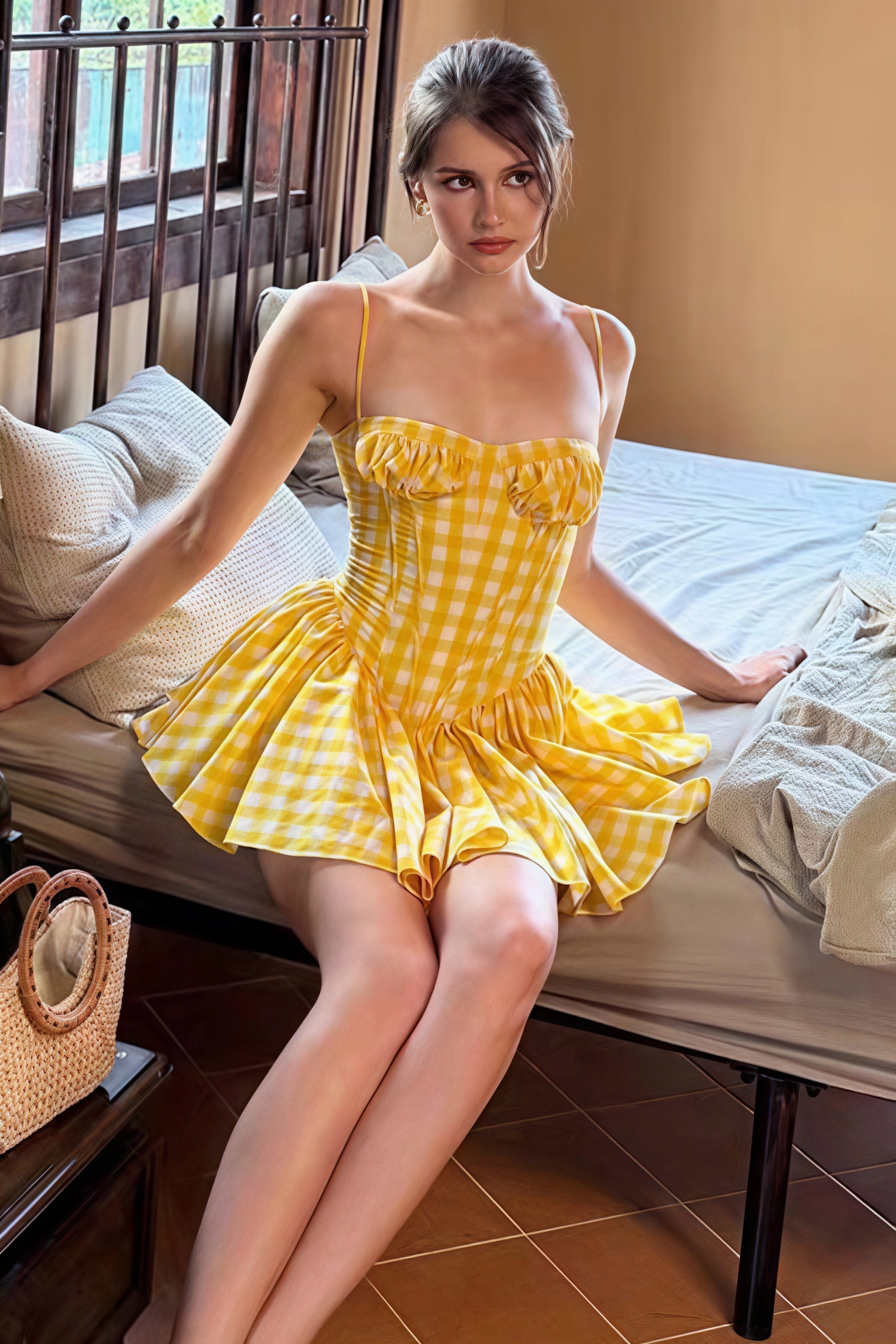 Gingham Corset-Boned Ruched Bust Flared Skater Mini Dress
