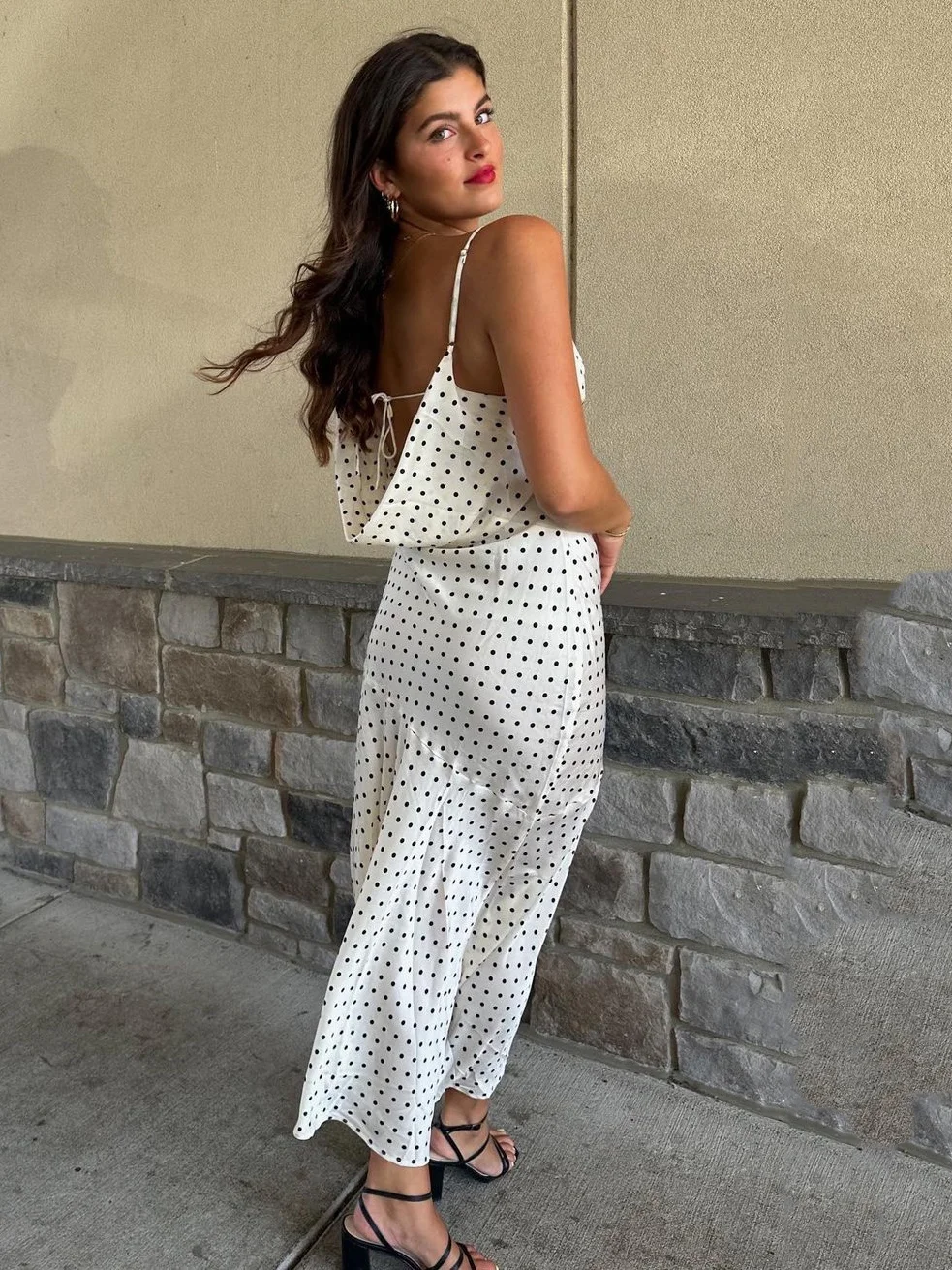 Ootddress Sexy Spaghetti Straps Slim High Slit Dress Women Polka Dot Maxi Dress V-Neck Temperament Slim Fit Party Evening Vestidos