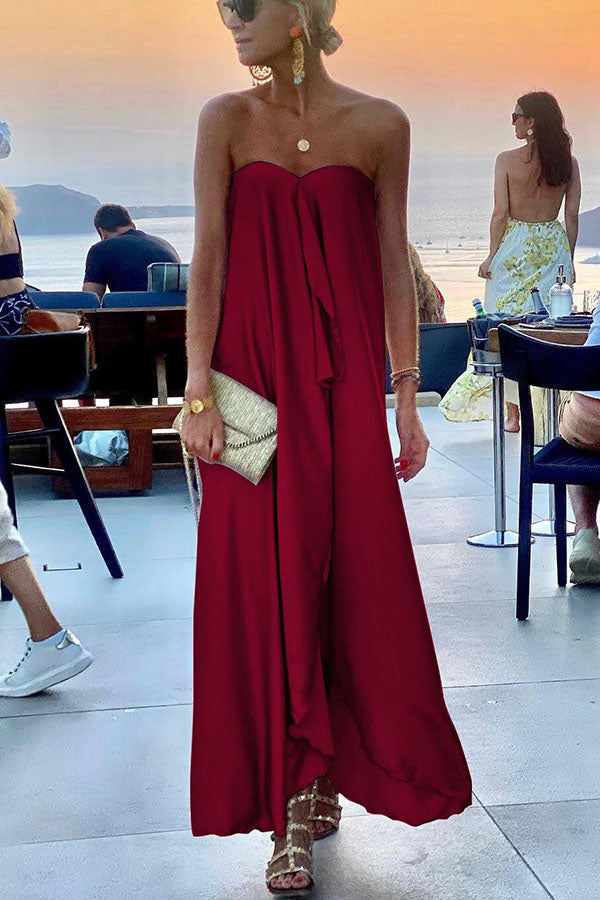 Satin Strapless Ruffle Panel Floor Length Maxi Gown