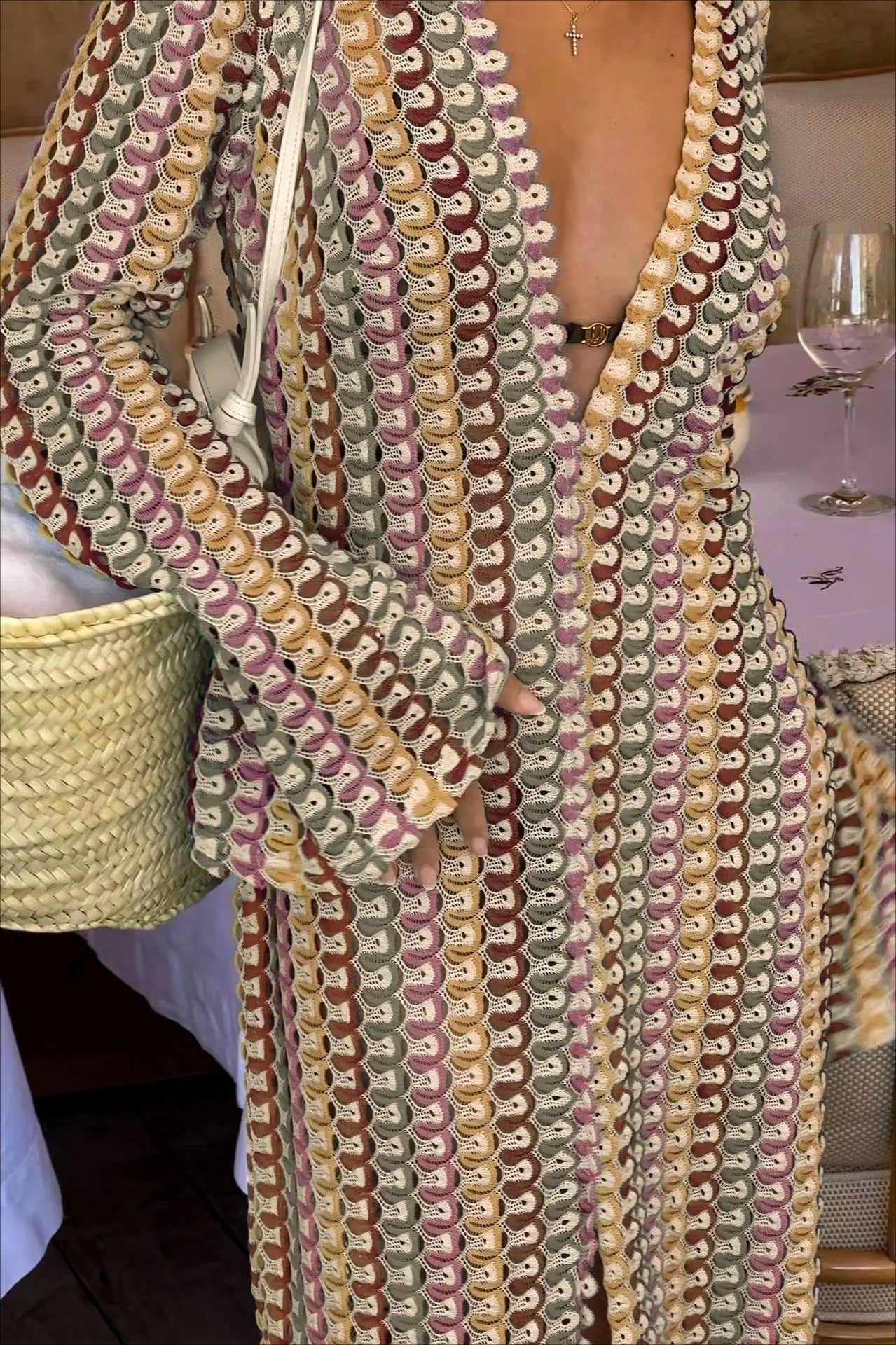 Deep V-Neck Bell Sleeve Geometric Crochet Knit Front Slit Maxi Dress