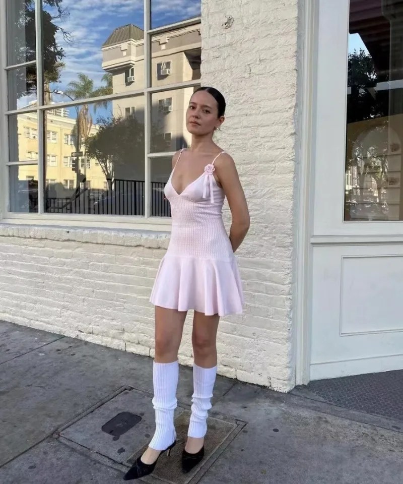 Ootddress Ruffle Knitted Dress For Women Sleeveless V Neck Slim Splice Flower Sundress Ladies Casual Fashion Y2k Solid Dress Woman