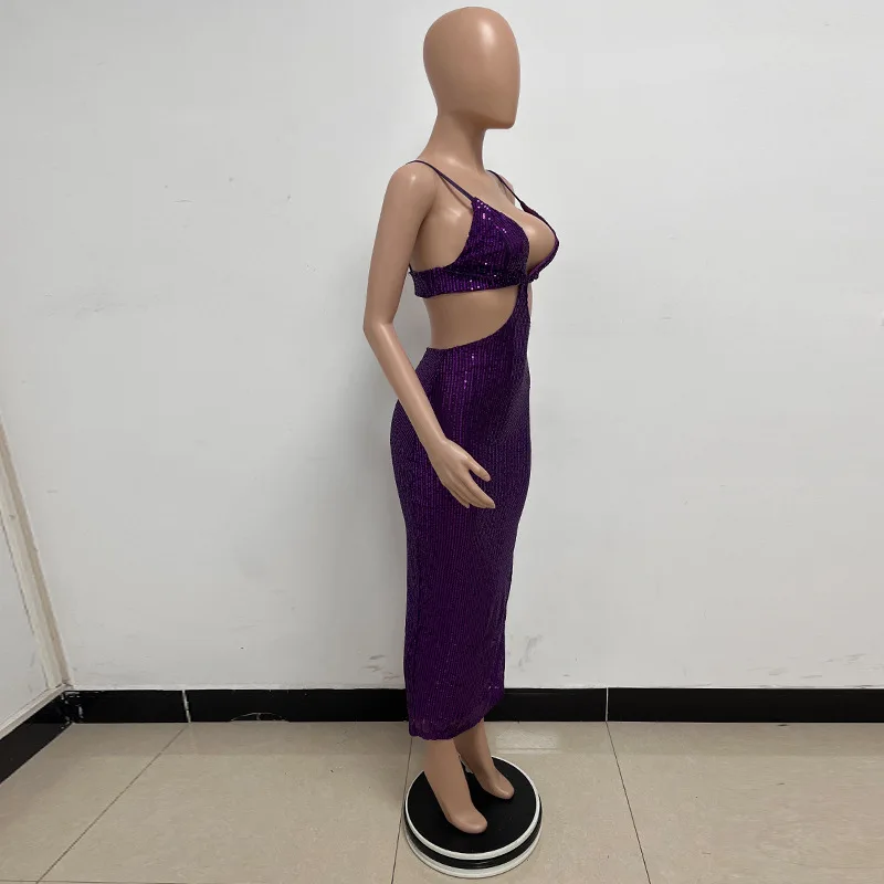 Sexy Hollow High Waist Slit Evening Dress Fashion Sequined Backless Sleeveless Elegant Party Dresses Solid Long Graduation Dress 158 undefined