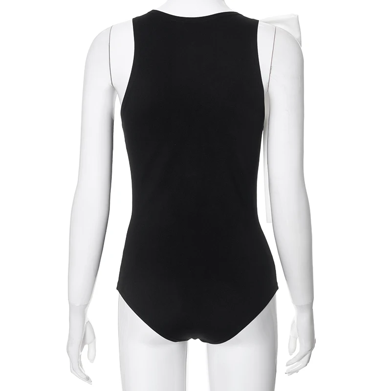 Fashion Slim Fit Sleeveless High Neck One Line Shoulder Bow Bodysuit - Women's Sexy Versatile Pullover