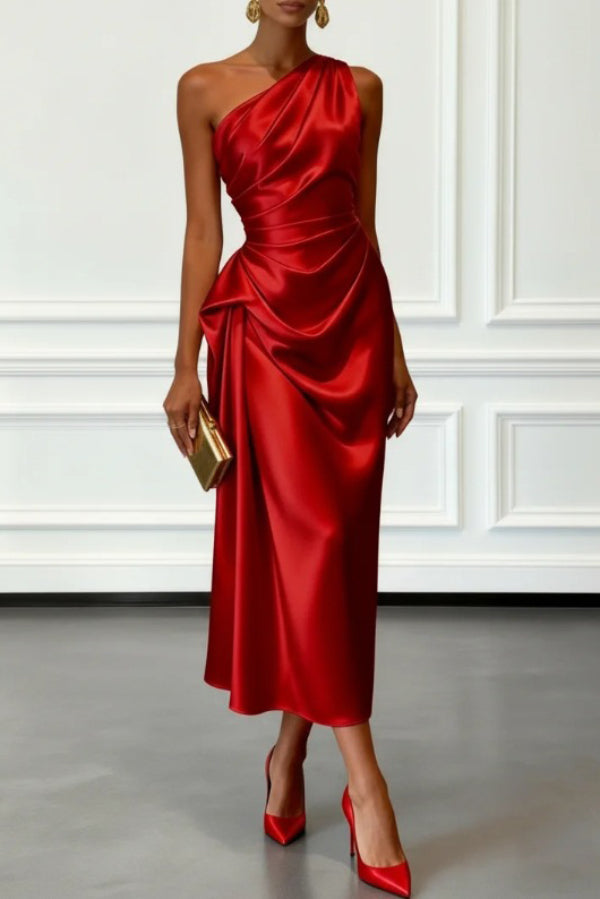 Satin One-shoulder Pleated Waist Elegant Midi Dress