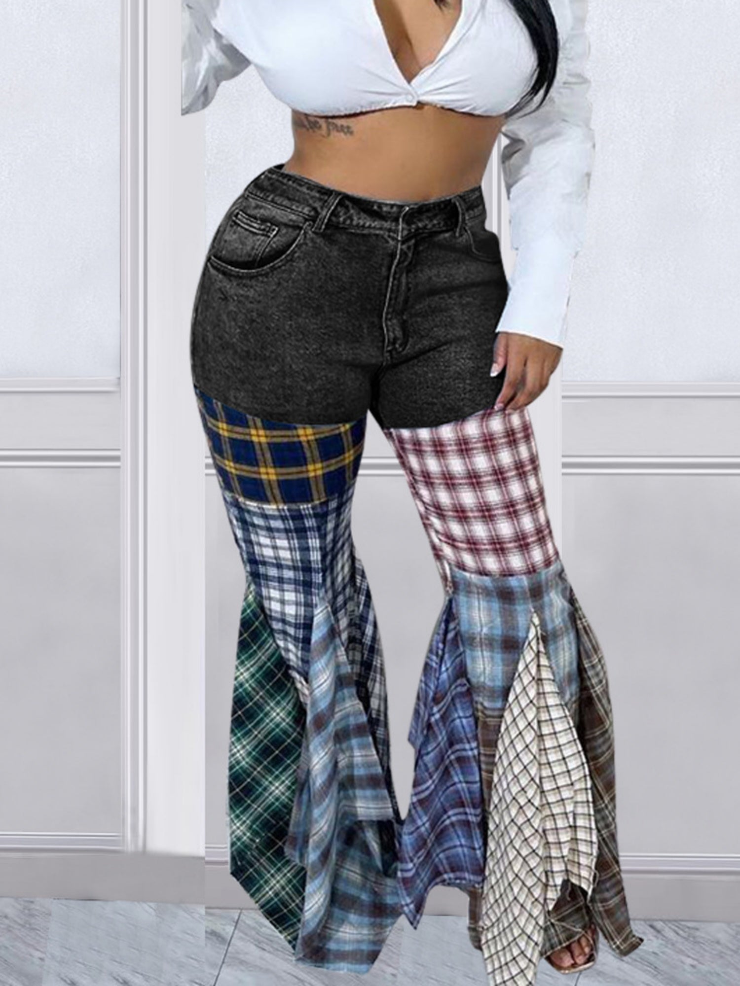 Houndstooth Pattern Flared Pants Ruffle Jeans