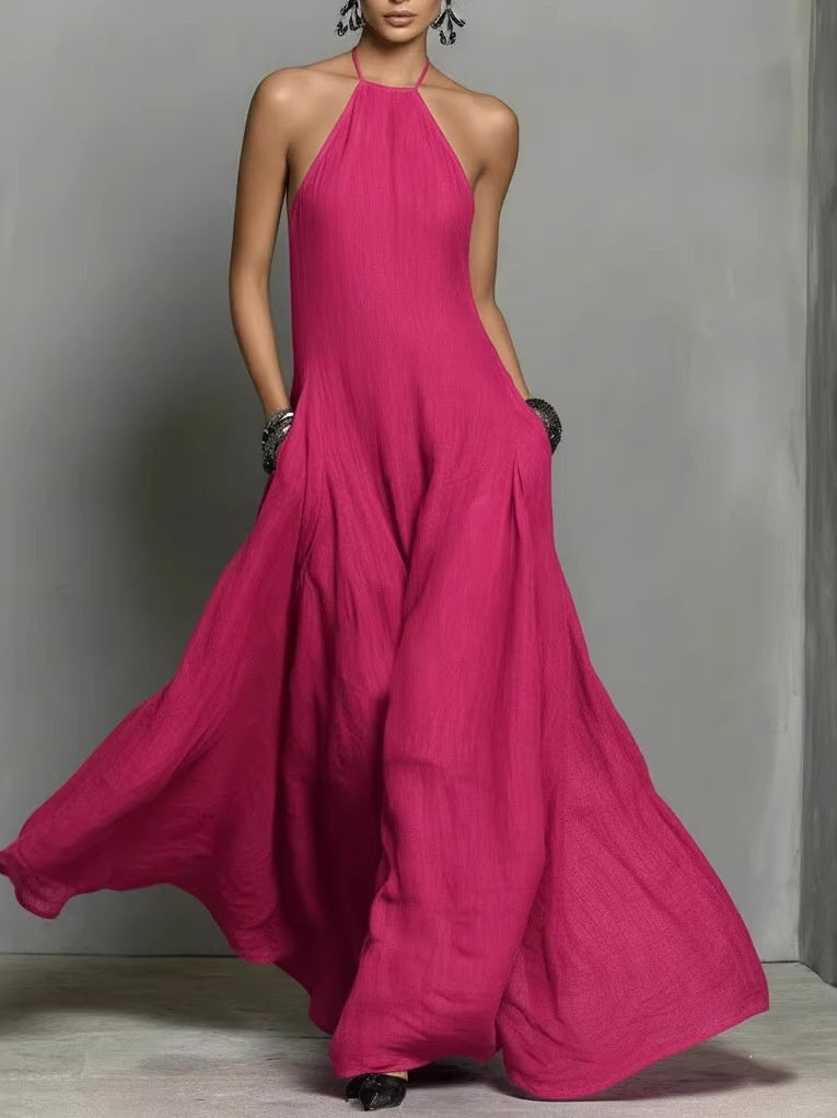 Halter Solid Color Backless Sleeveless Long Vacation Style Dress