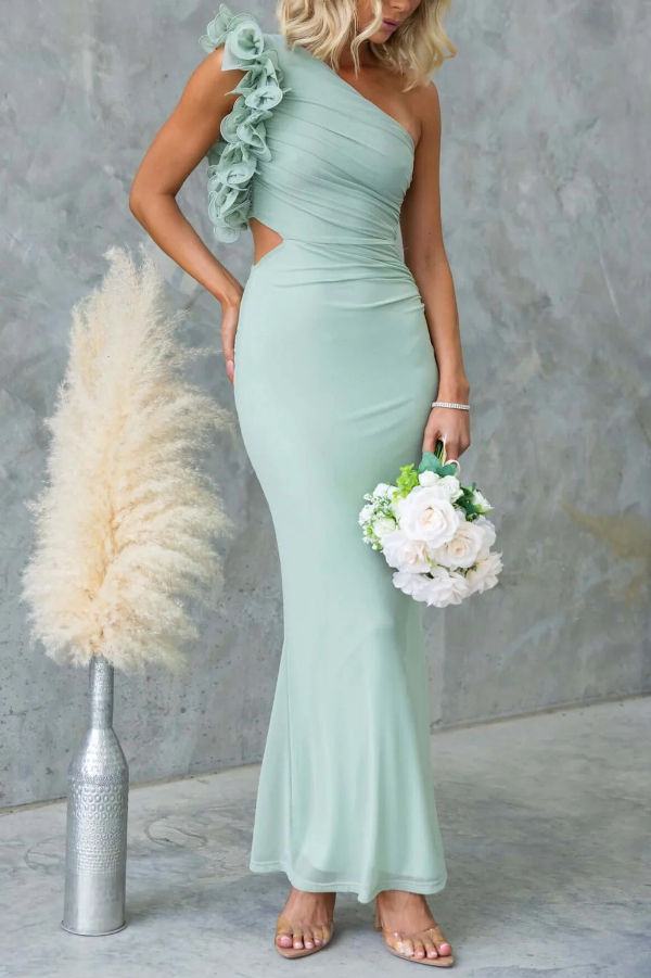 Fashionable Mesh Sleeveless One-shoulder Waist-revealing Maxi Dress