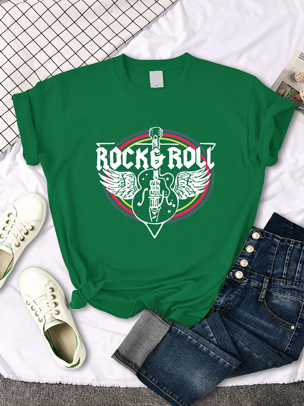Rock Roll Electric Guitar Printed T-Shirt Women Casual Comfortable Tops Breathable Cool Short Sleeve O-Neck Street Tee Clothing
