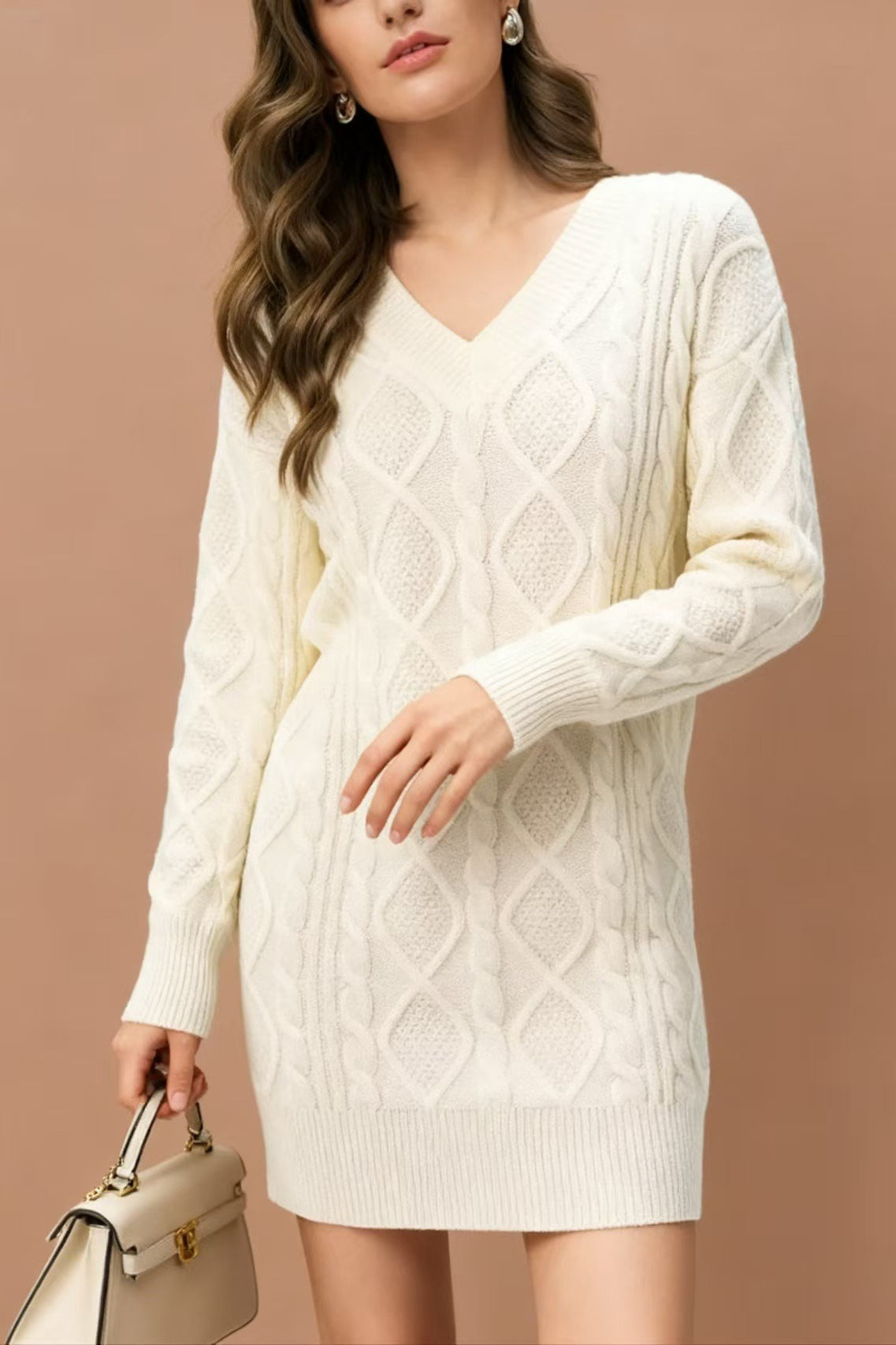 Cable Knit Diamond Pattern V-Neck Long Sleeve Sweater Mini Dress