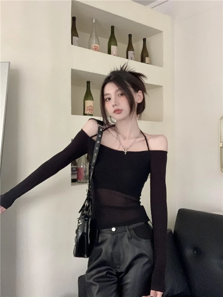Long Sleeve Top Womens Halter 2025 Casual Tee Shirt Gauze Trendy Off Shoulder T Shirts Femme Y2k Crop Top Streetwear Party Club 14 Long Sleeve Top Womens Halter 2025 Casual Tee Shirt Gauze Trendy Off Shoulder T Shirts Femme Y2k Crop Top Streetwear Party Club