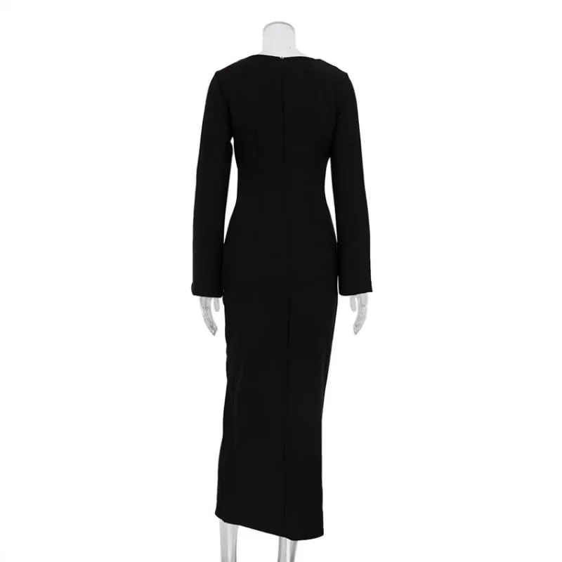Ootddress Zipper Patchwork Black Long Dress Women Off-Shoulder High Waist Elegant Clothes Party Dress Casual Ladies Slim Maxi Dress