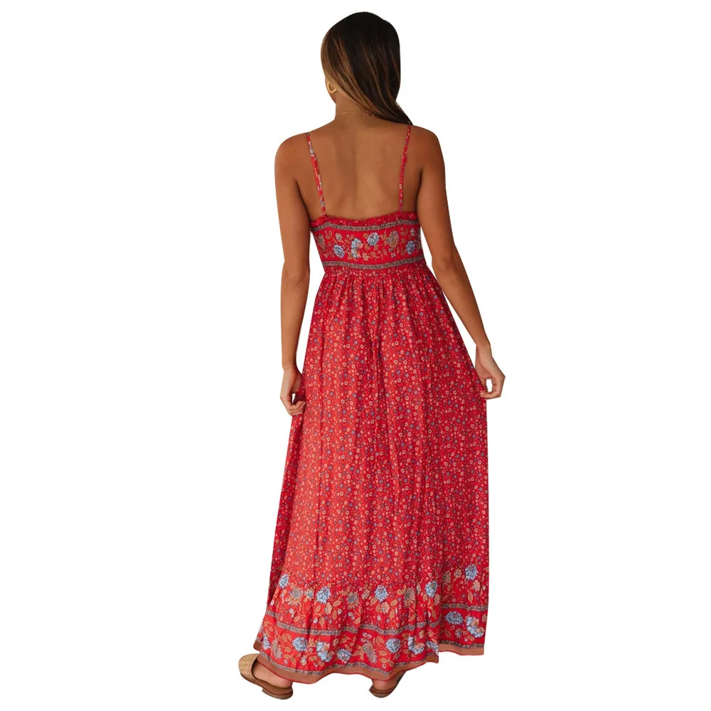 Bohemian Floral Spaghetti Strap Dresses Women Sexy V-neck Backless Casual Beach Vacation Long Dress Female Vestidos Summer New 32 undefined