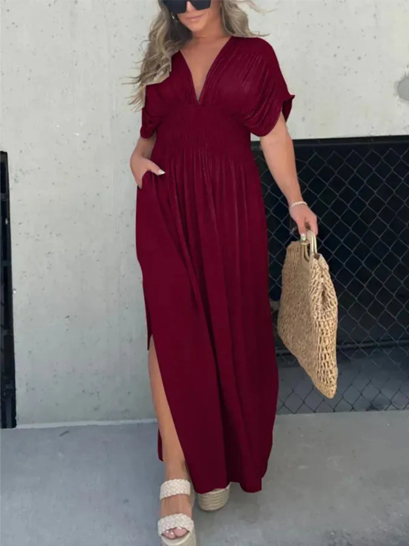 V-Neck Smocked Empire Waist Flutter Sleeve Pocket Maxi Dress with Side Slit