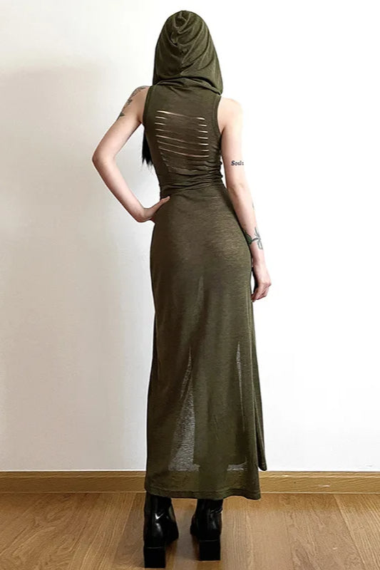 Hooded Cowl Neck Tie-Waist Double Slit Sleeveless Midi Dress