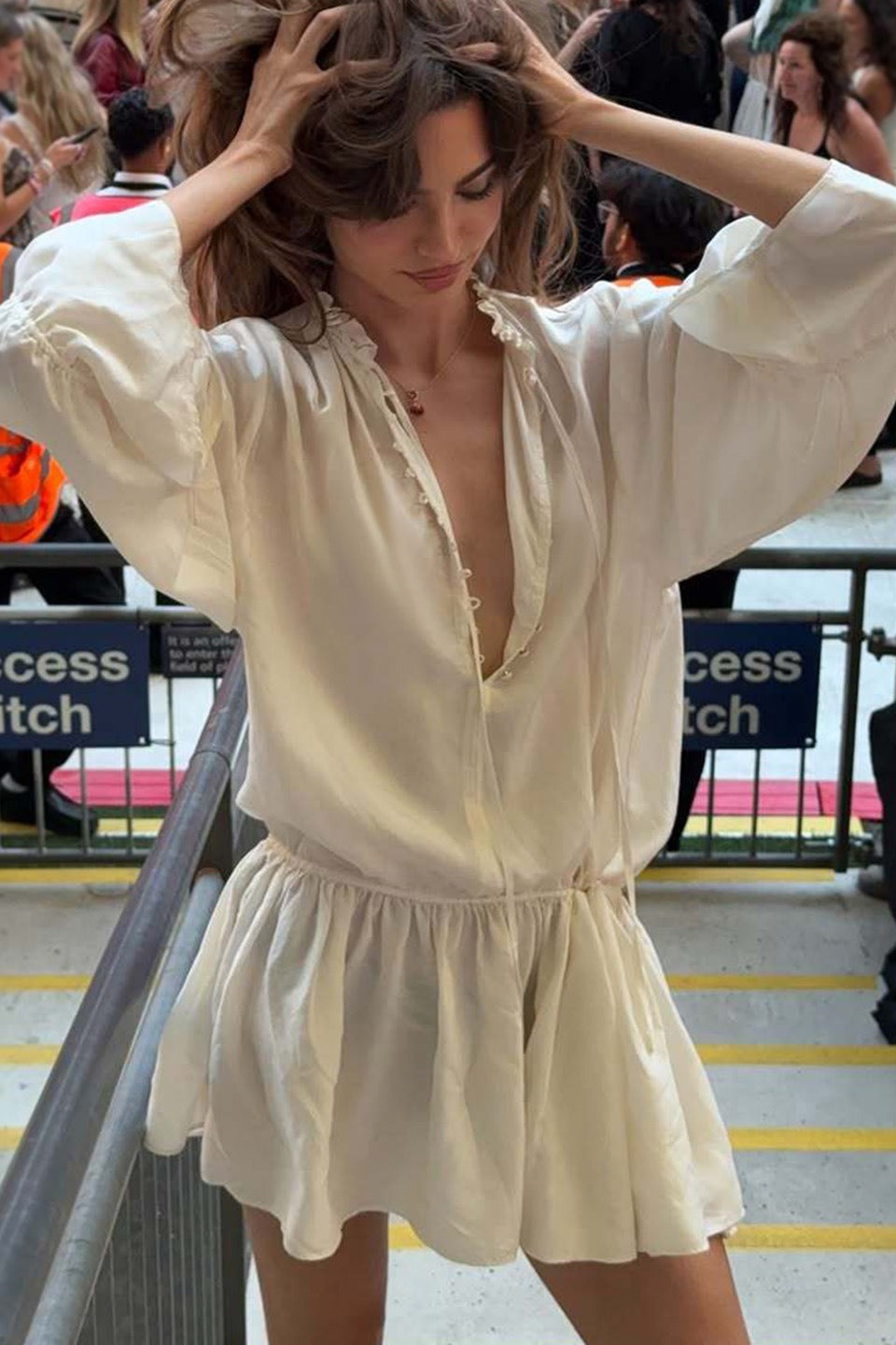 Deep V-Neck Button Front Peasant Sleeve Drop Waist Ruffle Mini Dress