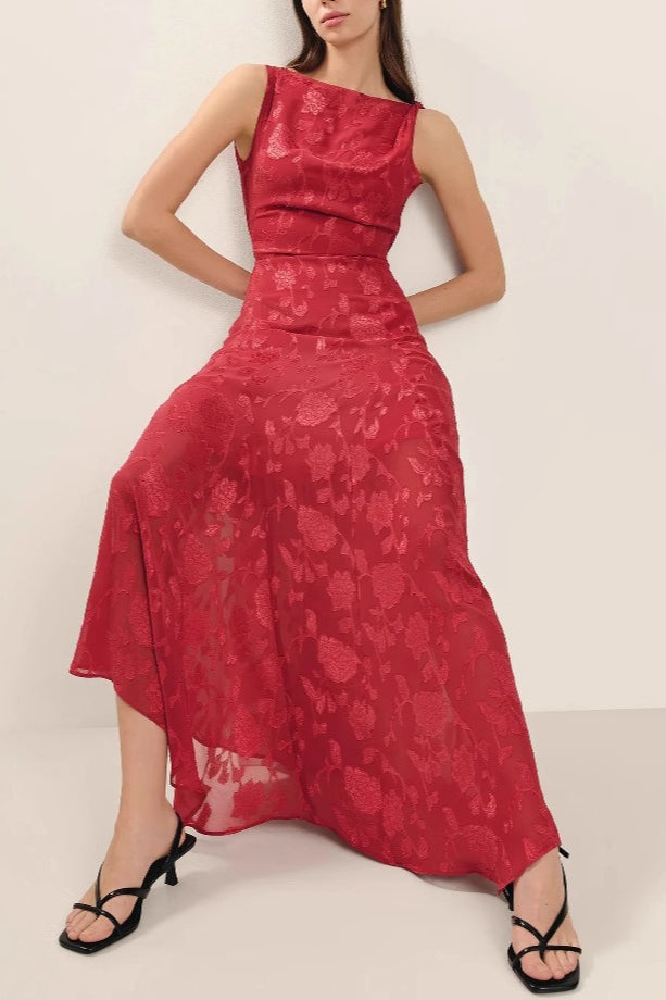 Boat Neck Floral Burnout Fit and Flare Maxi Dress