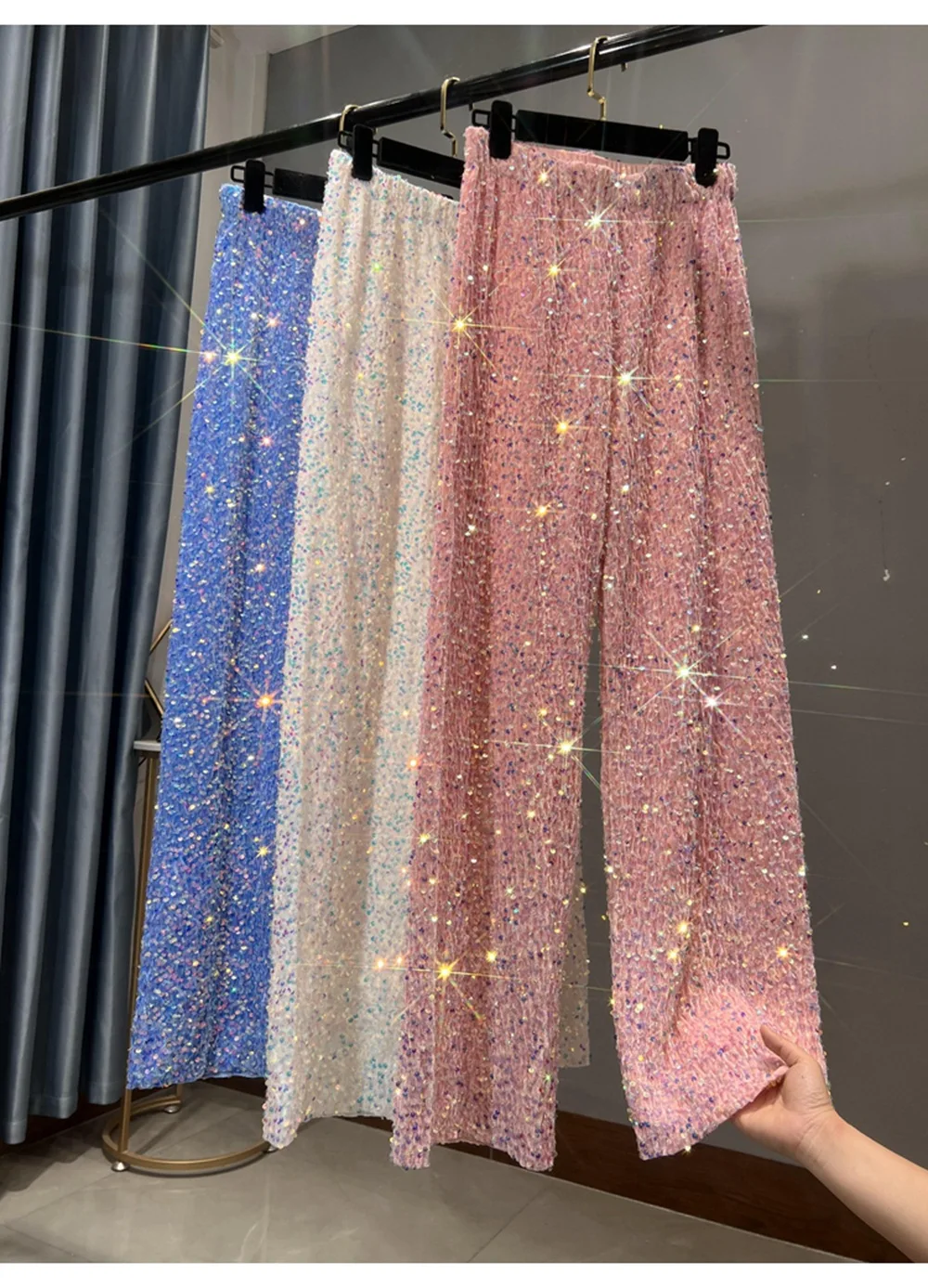 Ootddress Casual Sequin For Women Straight Legg Trousers High Waist Glitter Streetwear Fashion Solid Slim Wide Leg Women's Y2K Pants