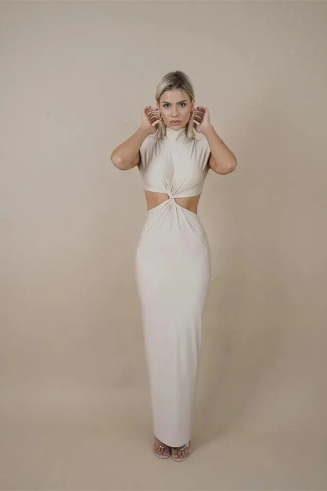 Mock Neck Padded Shoulder Twist Cut Out Waist Ruched Bodycon Midi Dress