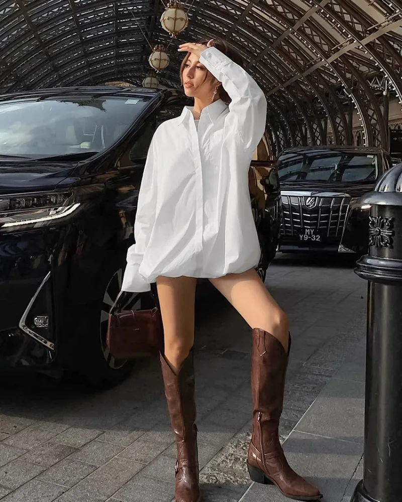 Ootddress Oversized Shirts Dress Women 2025 New Fashion Baggy Turn Collar Cover-up Femme Casual Loose Holiday Beach Dresses Womens