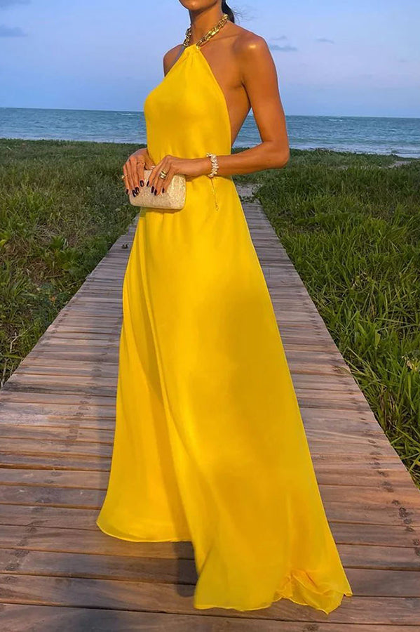 Sunny in Santorini Metal Chain Halter Backless A-line Vacation Maxi Dr