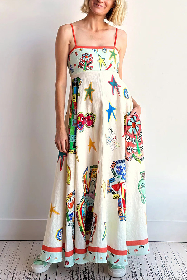 Miami Happy Hour Linen Blend Unique Print Smocked Back Pocketed Midi D
