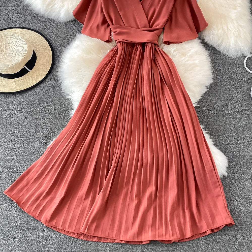Women Elegant Pleated Dress Summer Short Sleeve V-neck Vintage Dresses Ladies A Line High Waisted Midi Dress