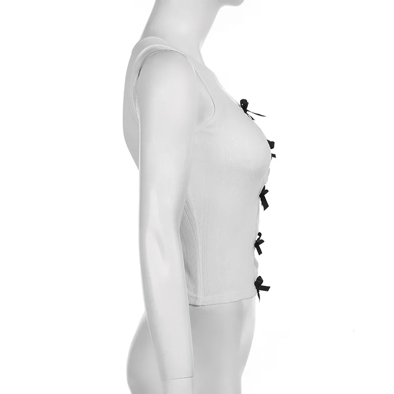 Ootddress Lace Bow Splice Tank Top Women Sexy Hollow Out Slim Sleeveless Shirts Hot Girls Bodycon Fashion Crop Tops Woman Clothing