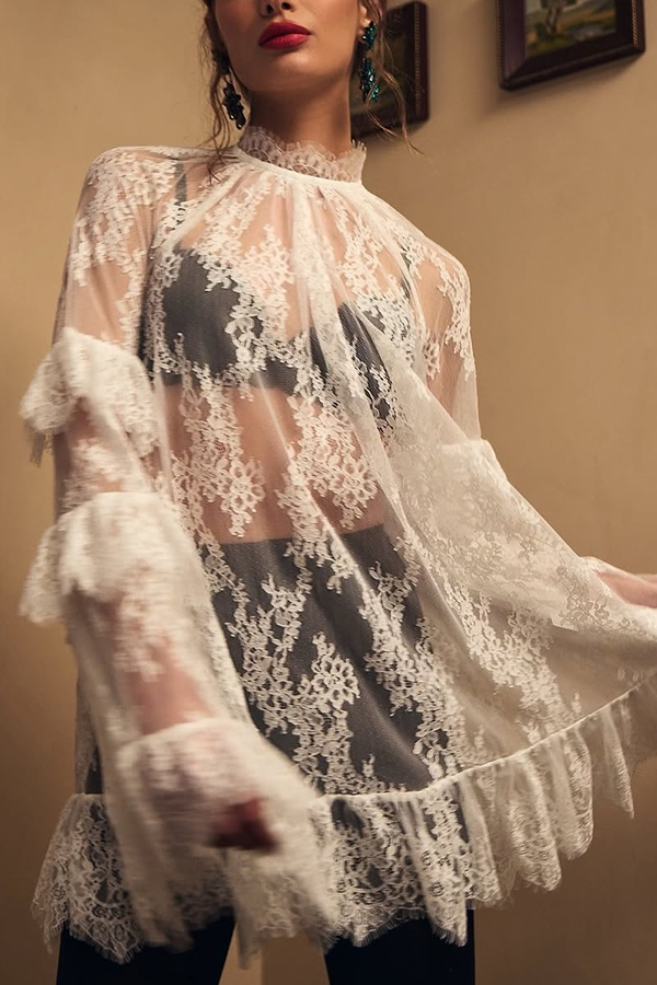 Sexy See-through Lace Loose Long-sleeved Mini Dress