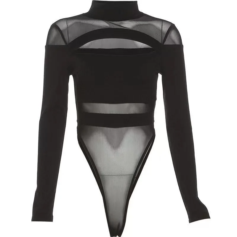 Women's Sexy Hollow Bodysuit Long Sleeved Mesh Tops Solid Fashion Half High Collar Jumpsuit Bottoming Clothes Y2k Club Bodysuits