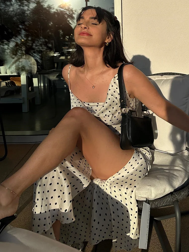 Ootddress Sexy Spaghetti Straps Slim High Slit Dress Women Polka Dot Maxi Dress V-Neck Temperament Slim Fit Party Evening Vestidos