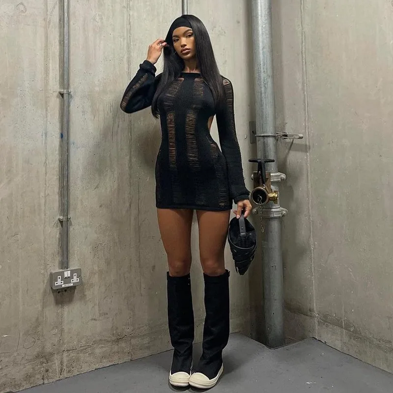 Ootddress Sexy Sheer Knitted Dress Women Bodycon Long Sleeve Hollow Out Mini Dresses Femme Club Sexy Backless Knitwear Dress Womens
