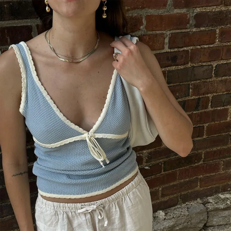 Ootddress Retro Deep V Neck Crop Top Women Y2k Ruffle Vintage Tank Tops Womens Tie Up Bow Knitted Woman Backless Cute Tops 2025 New