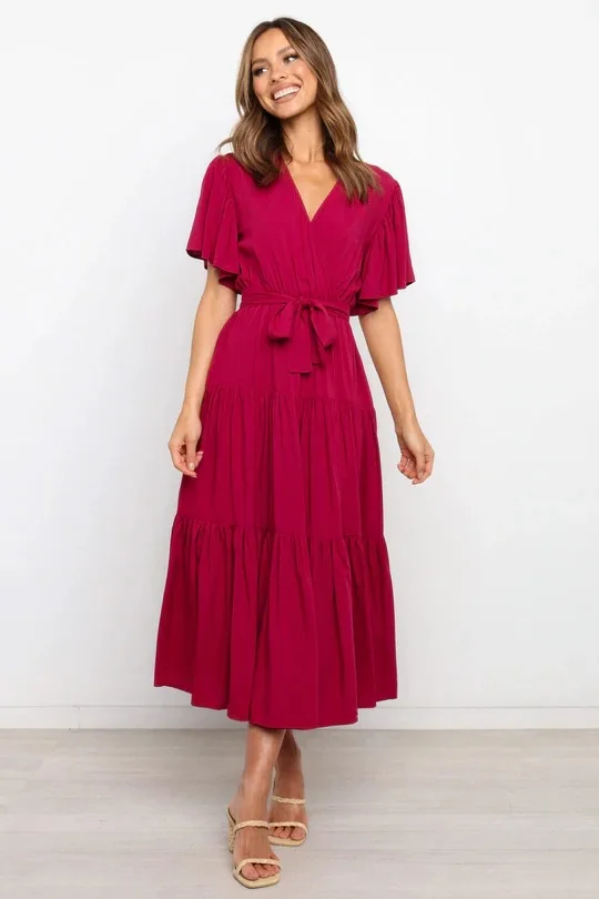Trendy Solid Color Ruffles Long Dresses Women Sexy V-neck Ruffle Sleeves Leace-up Temperament Elegant Lady Dress 2025 Summer New 26 undefined