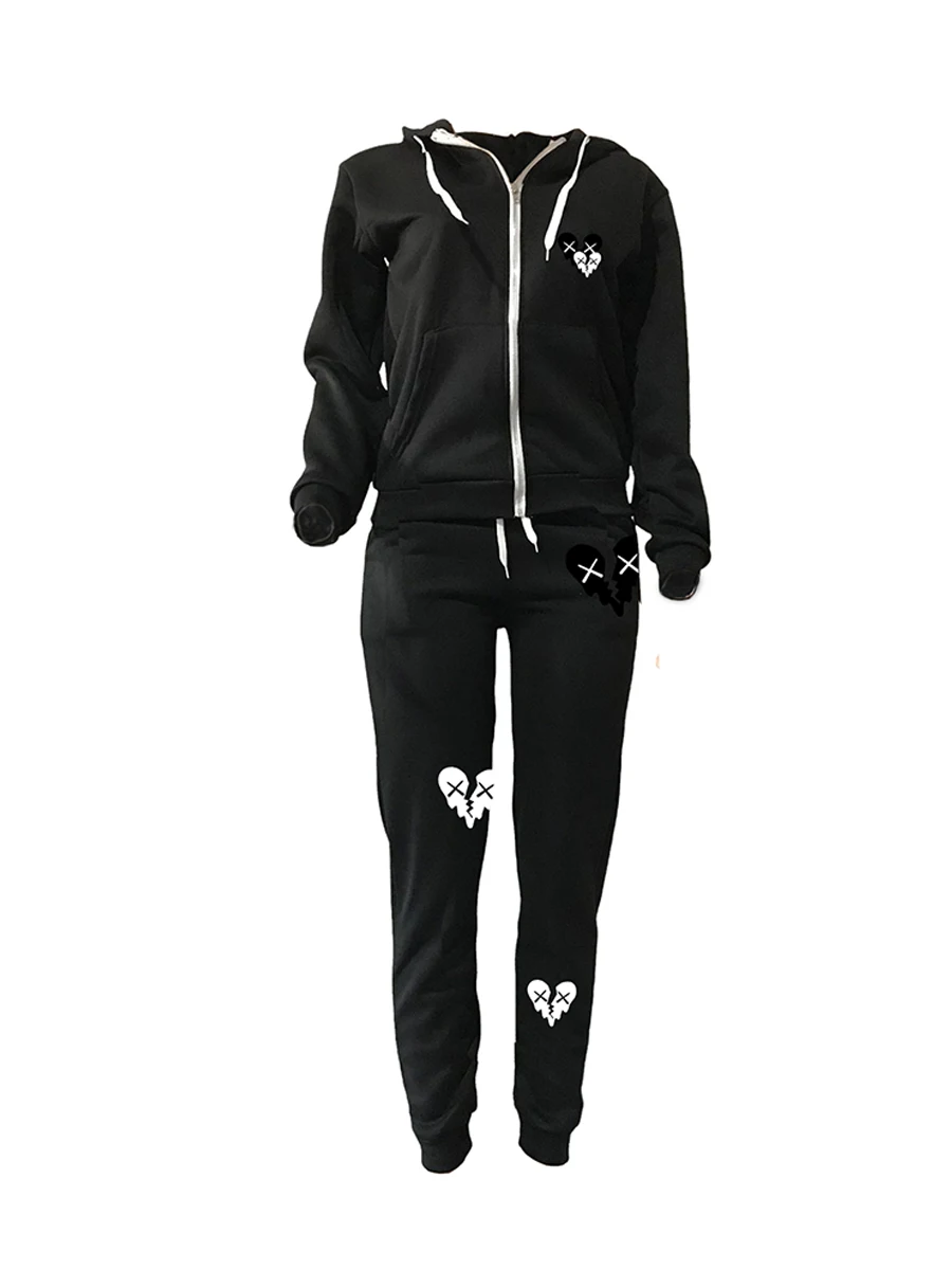 Simple Two Piece Set Women Casual Sporty Long Sleeve Zipper Design Top Hooded Collar Broken Heart Print Female Tracksuit Set