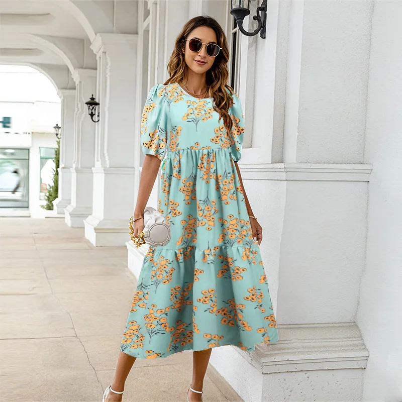 2025 Summer New Women's Print Dress Puff Short Sleeves Ruffles Loose A-line Midi Dresses Fashion Casual Beach Vacation Vestidos 7 undefined