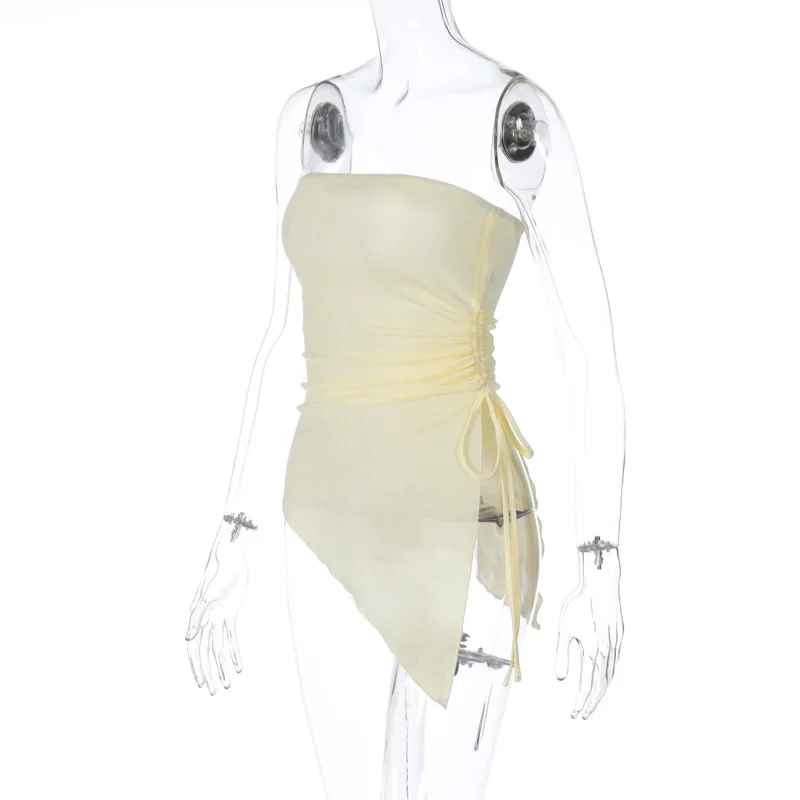 Ootddress Pleated Bandage Tube Tops See-Through Fashion For Women Bandeau Lace-Up Sheer Tank Top Backless Casual Solid Y2k Top Vest