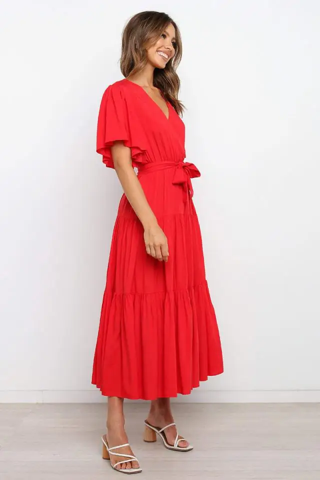 Trendy Solid Color Ruffles Long Dresses Women Sexy V-neck Ruffle Sleeves Leace-up Temperament Elegant Lady Dress 2025 Summer New 39 undefined