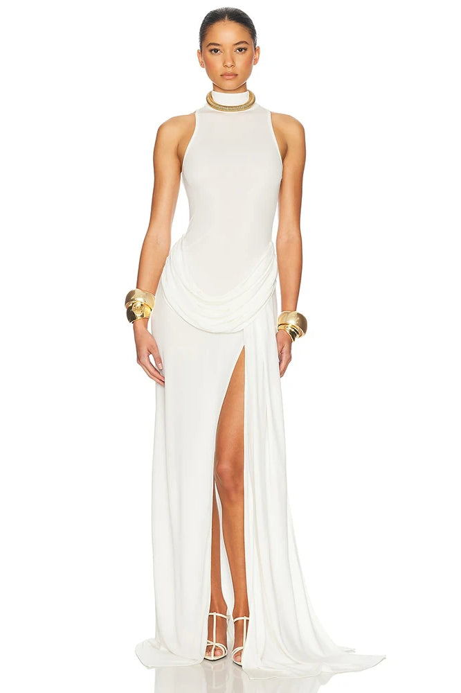 Mock Neck Sleeveless Ruched Hip High Slit Maxi Dress